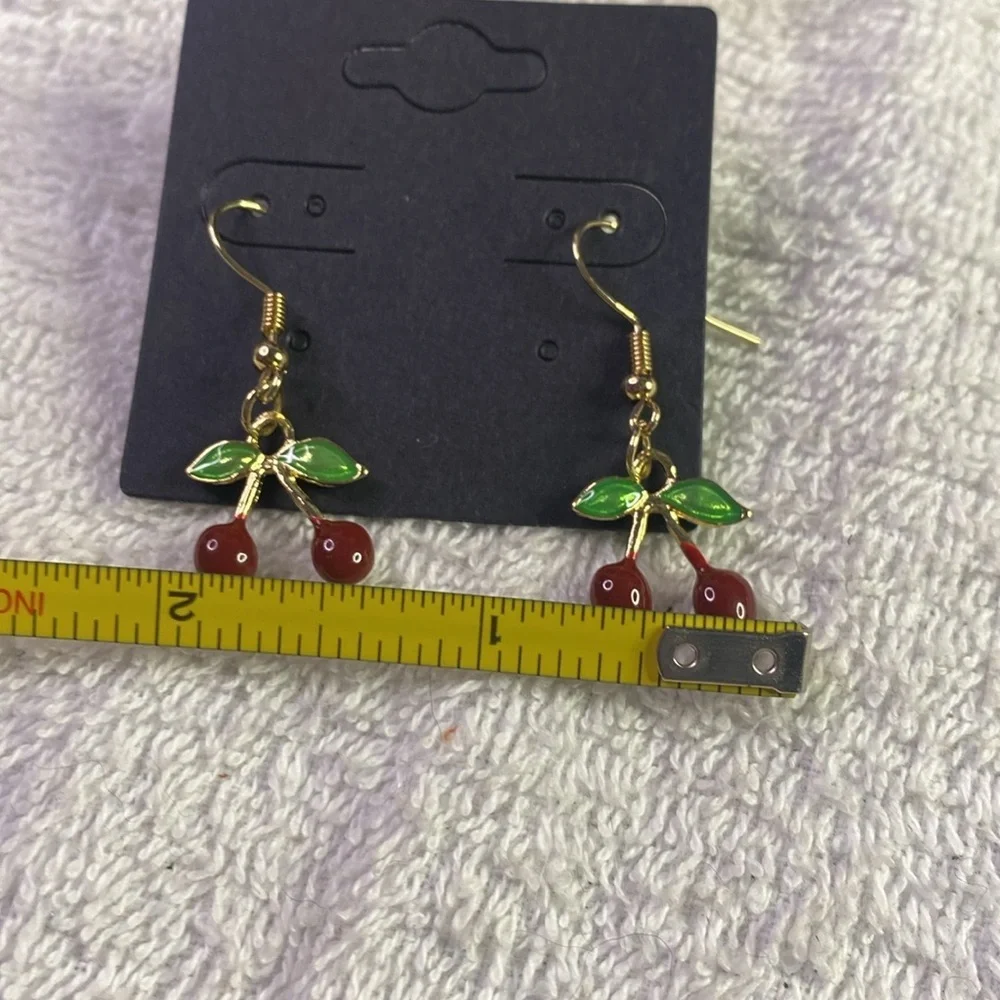 Cherry Drop Earrings in Red and Gold Fish Hooks - Picture 5 of 5